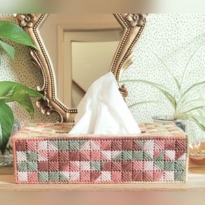 Vintage Needlepoint Plastic Canvas Tissue Box Cover Orange Green Pink Geometric